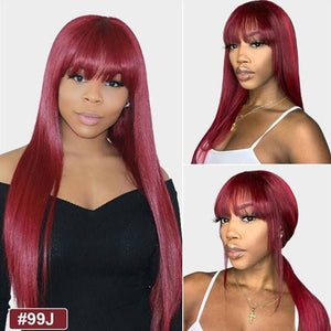 #99J Color Straight Wig With Bangs Human Virgin Hair 180% Density Bang wig