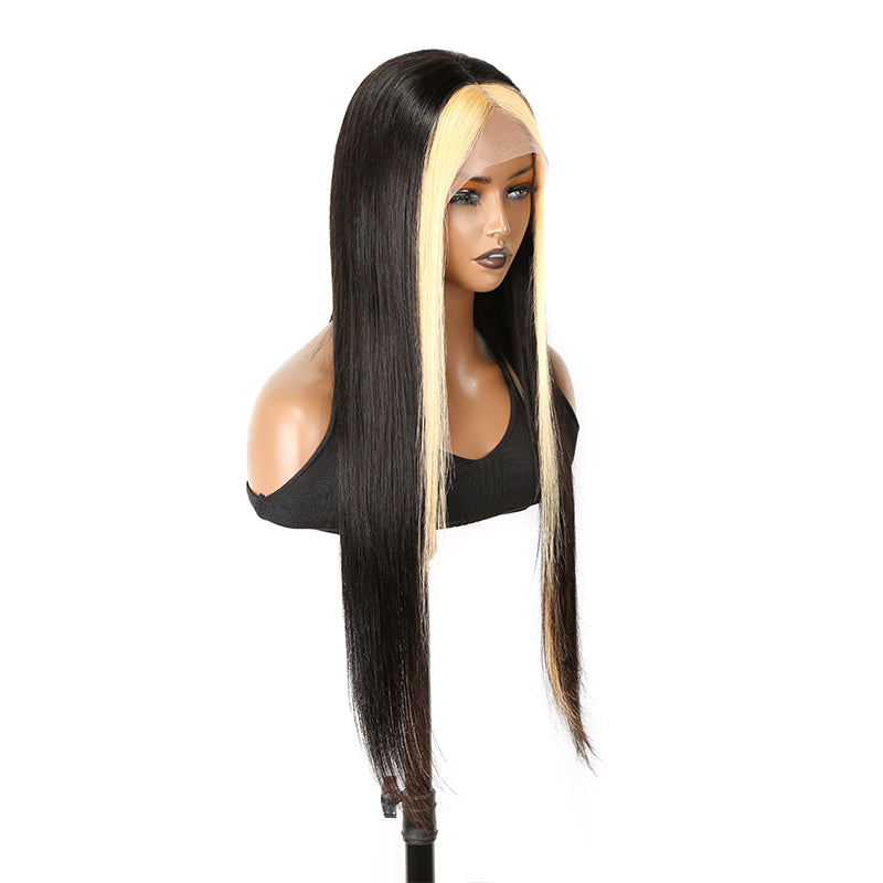 613 Blonde+ Black Skunk Stripe Colored Straight middle part 13X4 Lace Front Wig