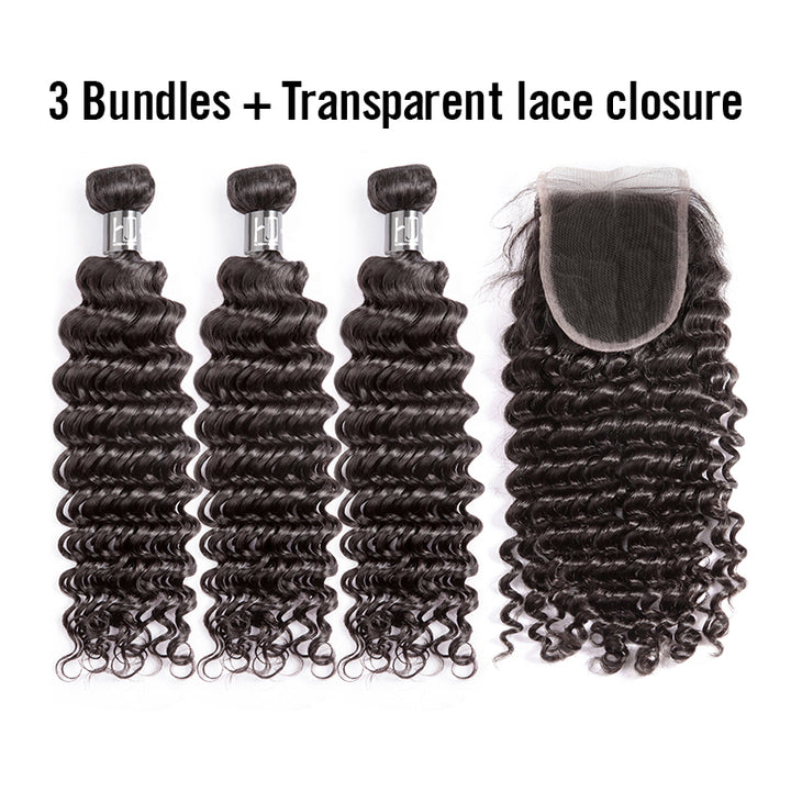 Transparent 4*4 Closure + 8A Brazilian Virgin Hair Deep Wave 3 Bundles