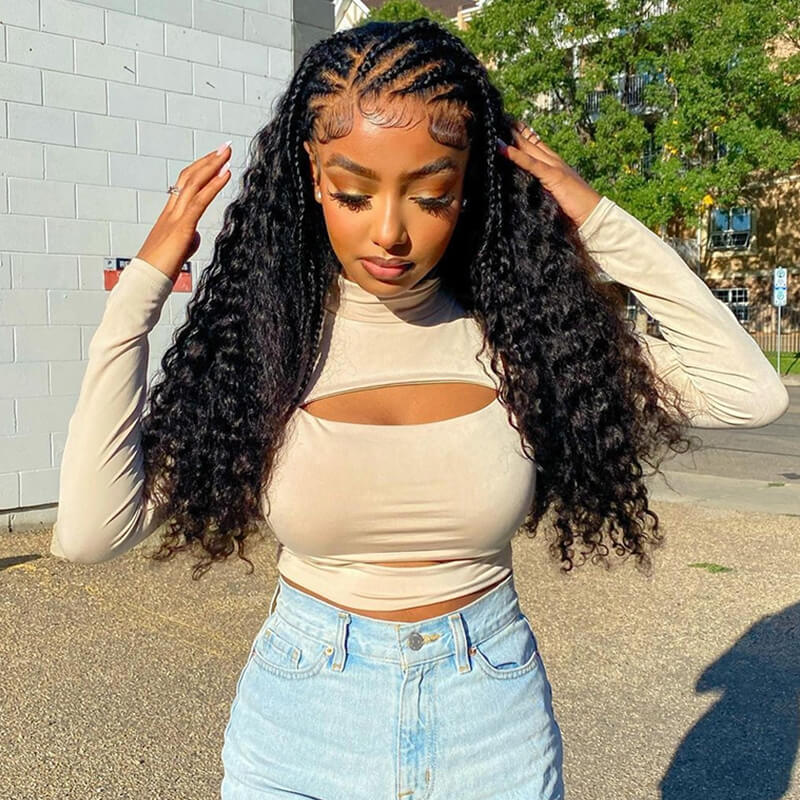 Braids With Curls 13x4 HD Lace Full Front Wig Free part Human Hair Wigs 250% Density