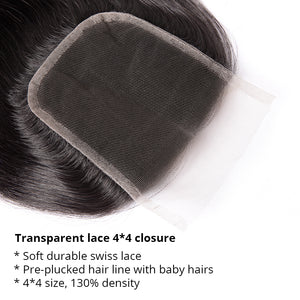 Transparent 4*4 Closure + 8A Brazilian Virgin Hair Loose Wave 3 Bundles