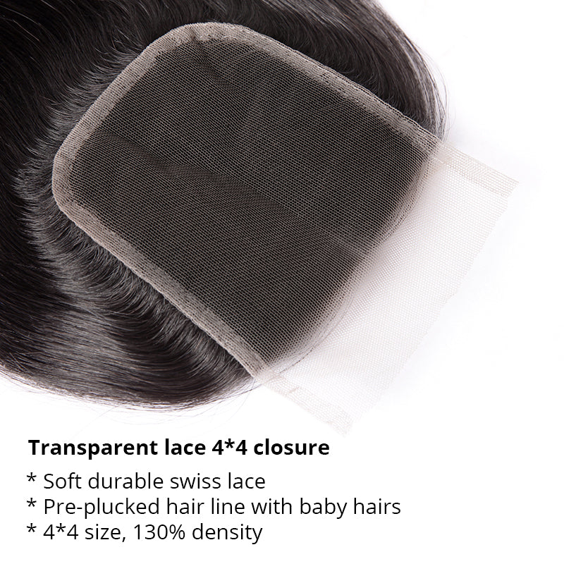 Transparent 4*4 Closure + 8A Brazilian Virgin Hair Deep Wave 3 Bundles