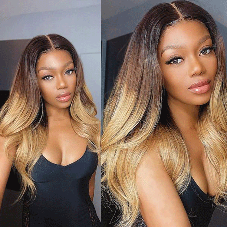 Celebrity Ombre Color Cabello ondulado 13x4 Frontal Peluca 180% Densidad