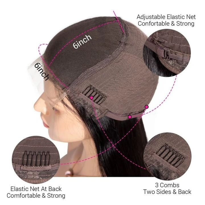 Pelucas de cabello con cierre recto de encaje transparente 6 × 6 180% de densidad