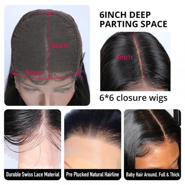 Pelucas de cabello con cierre de onda de cuerpo de encaje transparente 6 × 6 180% de densidad