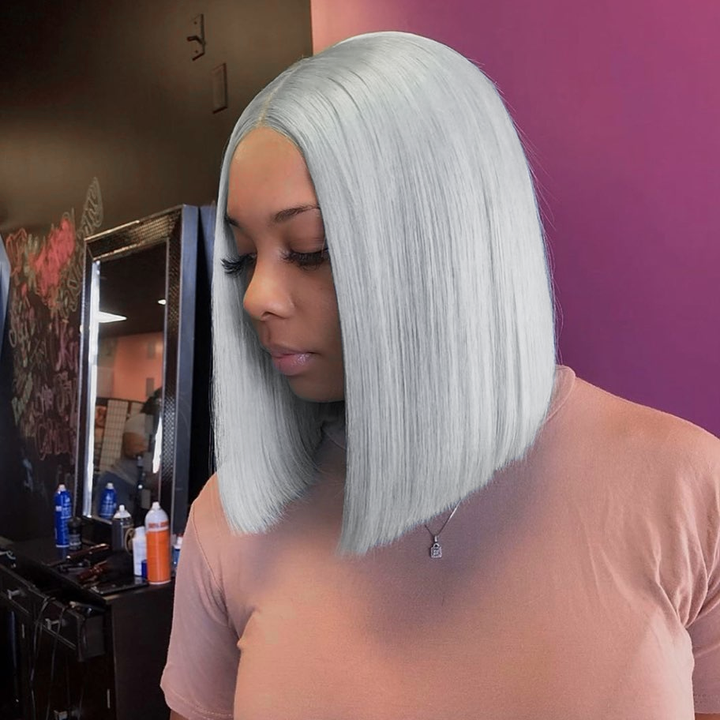 Gray color 13x4 Lace Front Straight Bob Wigs 180% Density