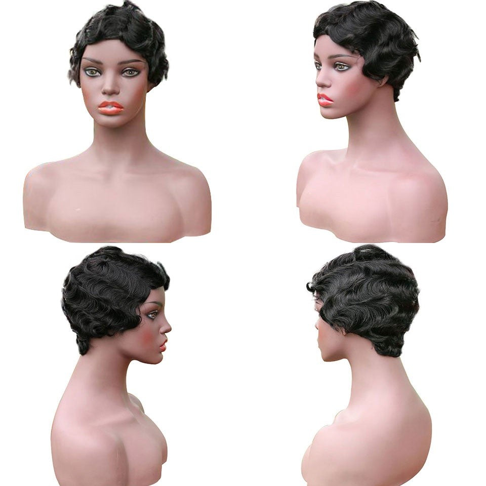 Peluca de corte pixie Peluca de máquina completa de cabello humano ondulado