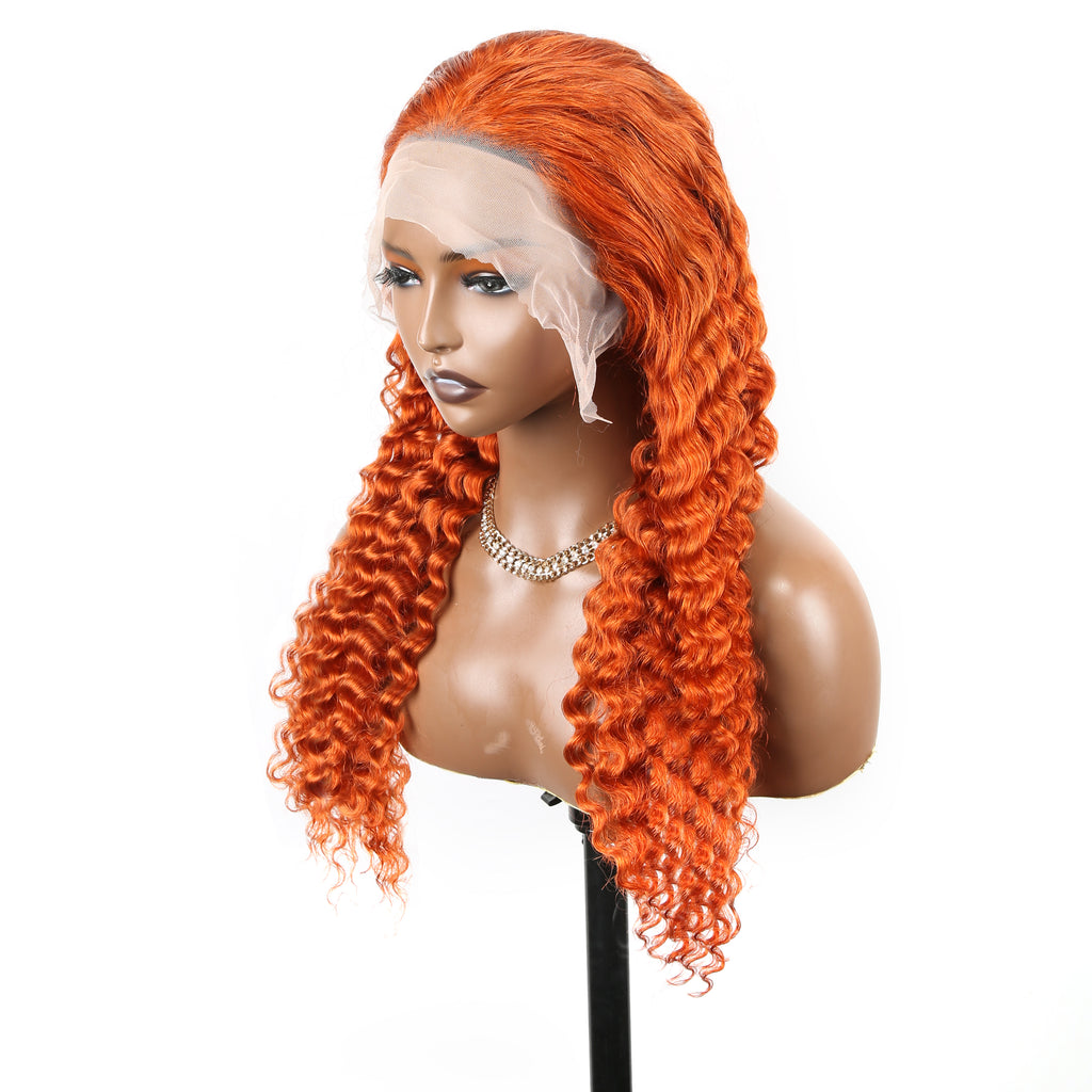 Pelucas brasileñas del cabello humano de la peluca del cordón del pelo coloreado anaranjado de la onda profunda