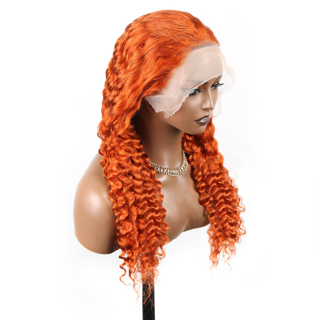 Pelucas brasileñas del cabello humano de la peluca del cordón del pelo coloreado anaranjado de la onda profunda