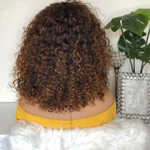 Peluca de cabello humano brasileño con flequillo Resaltado marrón Jerry Rizado Cabello sin cola 180% Densidad para mujeres negras