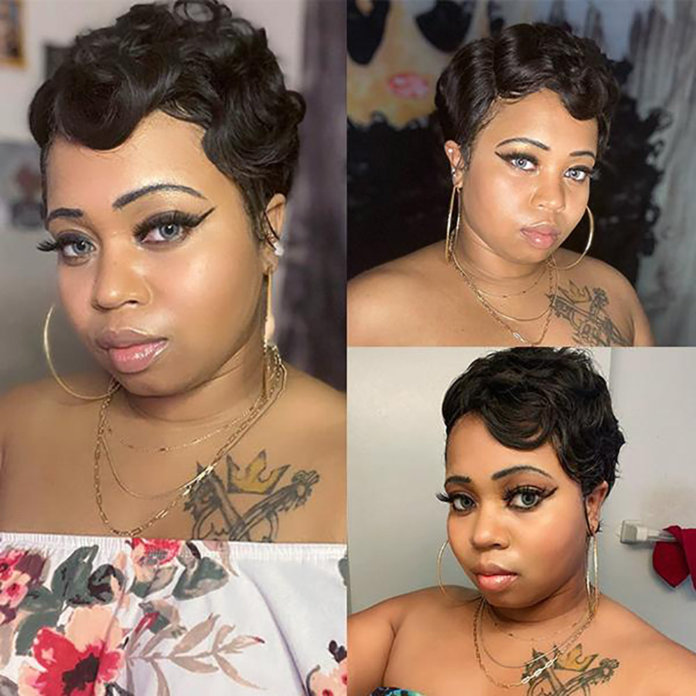 Peluca de corte pixie Peluca de máquina completa de cabello humano ondulado