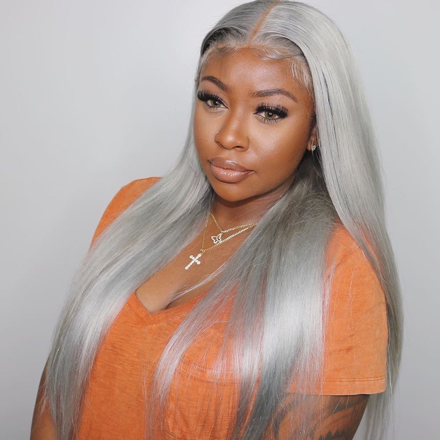 Ash Gray Colored 13×4 Transparent Lace Front Wig Straight Hair 200% density