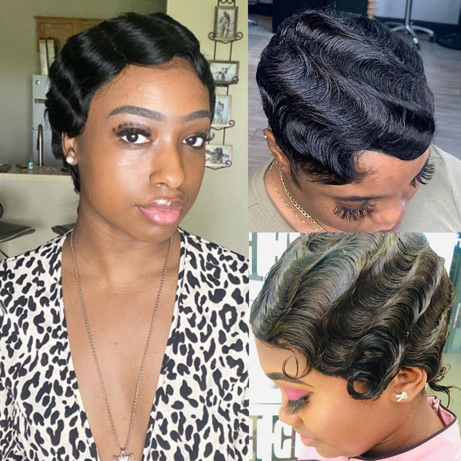 Peluca de corte pixie Peluca de máquina completa de cabello humano ondulado