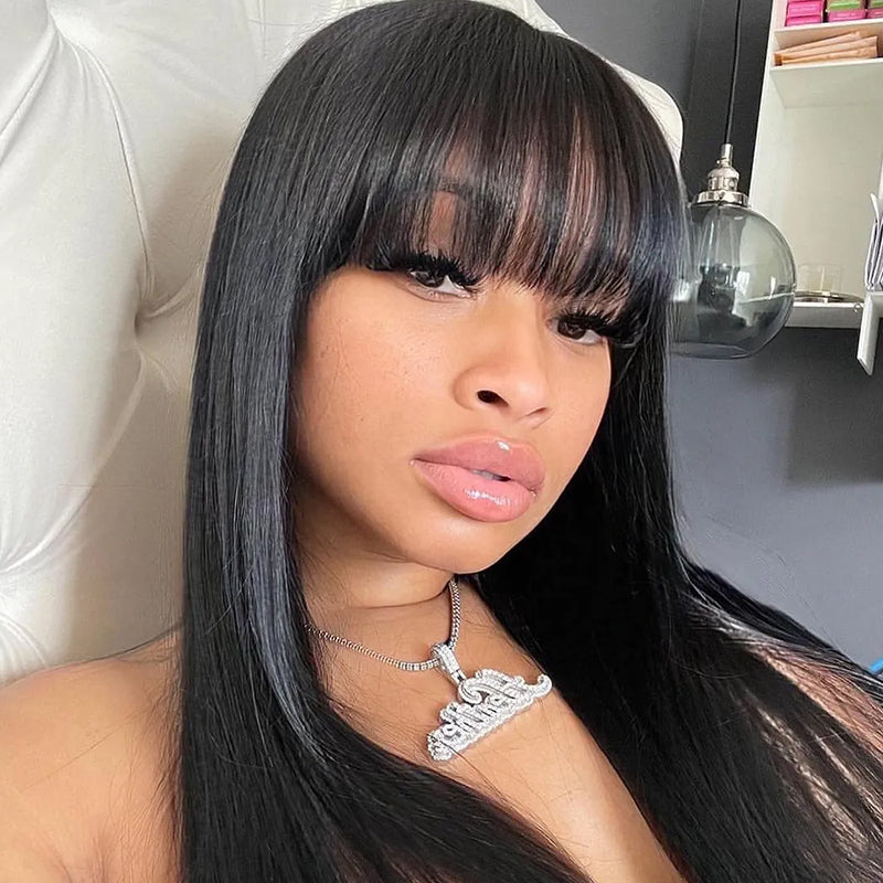 Peluca recta con flequillo Peluca de cabello humano 180% de densidad