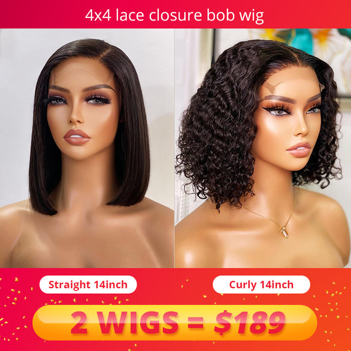 2 wig deal 4x4 transparent lace closure bob wig 180% density