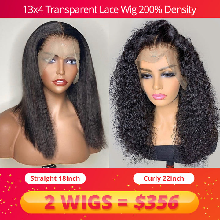2 wig deal 13x4 transparent lace front wig straight + curly 200% density
