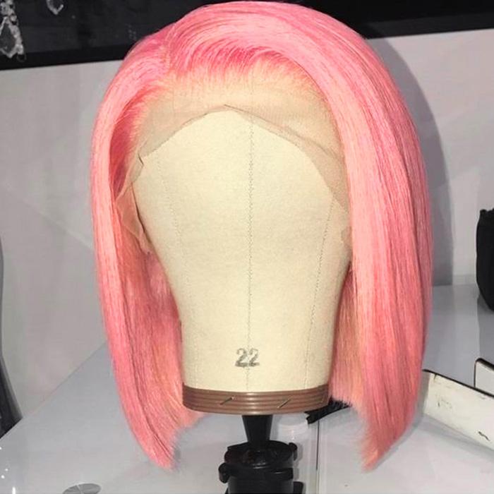 Pink color 13x4 Lace Front Straight Bob Wigs 180% Density