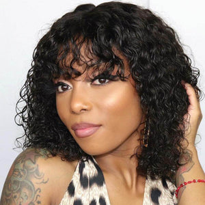 Brazilian Human Hair Wig With Bangs Jerry Curly Glueless Hair 180% Density For Black Women